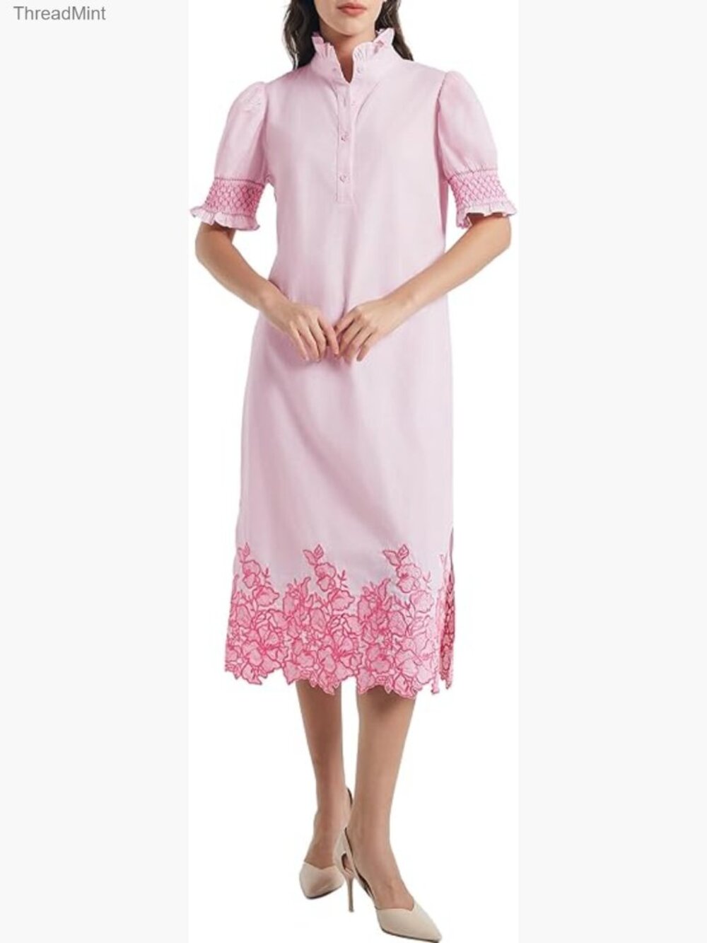 Embroidered Shift Midi Dress Puff Sleeve Ruffle Collar Button Down